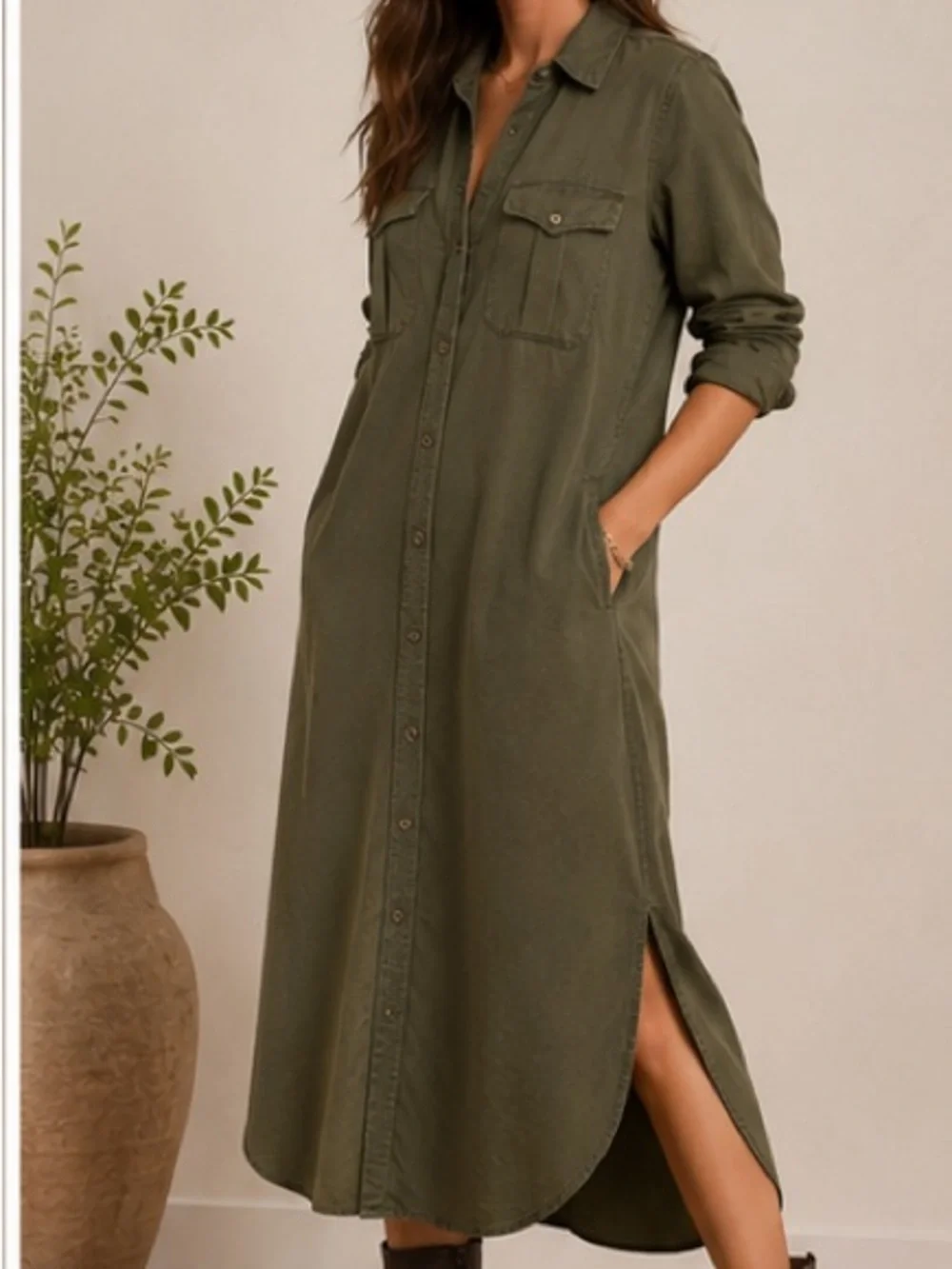 Double RL Ralph Lauren Lyocell Twill Shirt Dress Olive Green Size 1 Maxi Midi